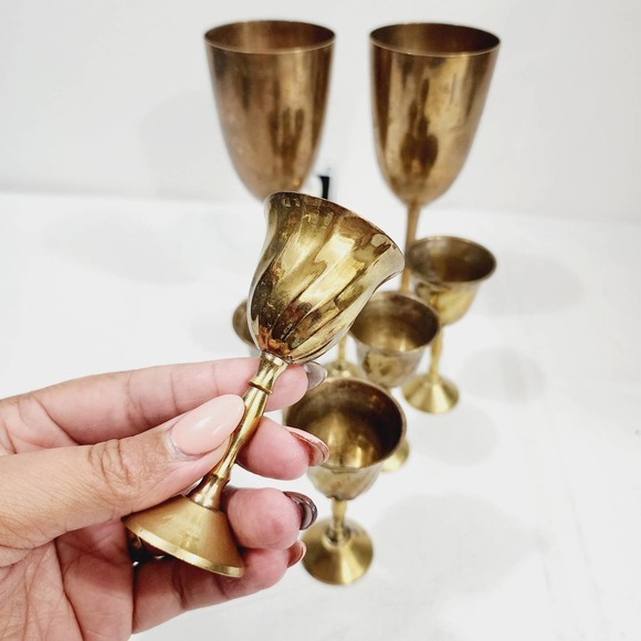 Vintage Mid-Century Modern Brass Standard & Mini Wine Goblets Stem Made in india - Picture 7 of 16